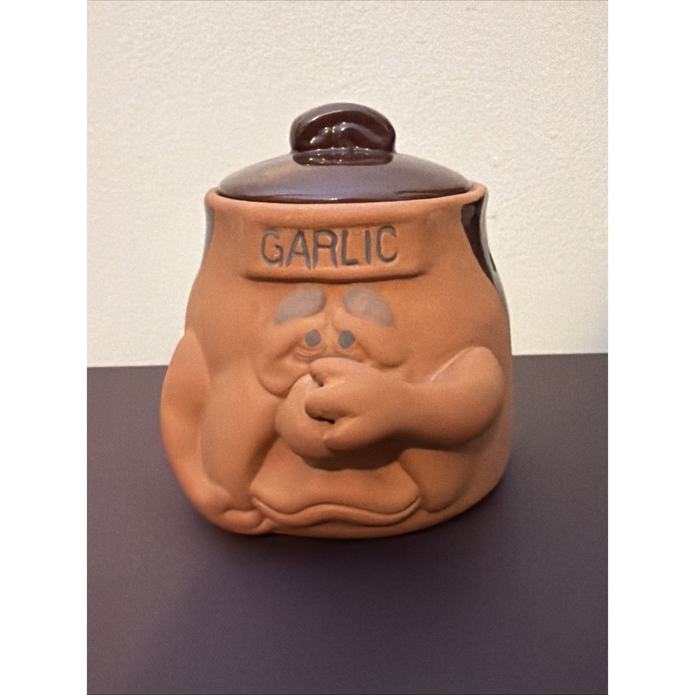 Vintage Terracotta Handmade Garlic Keeper Jar Silly Face Pottery